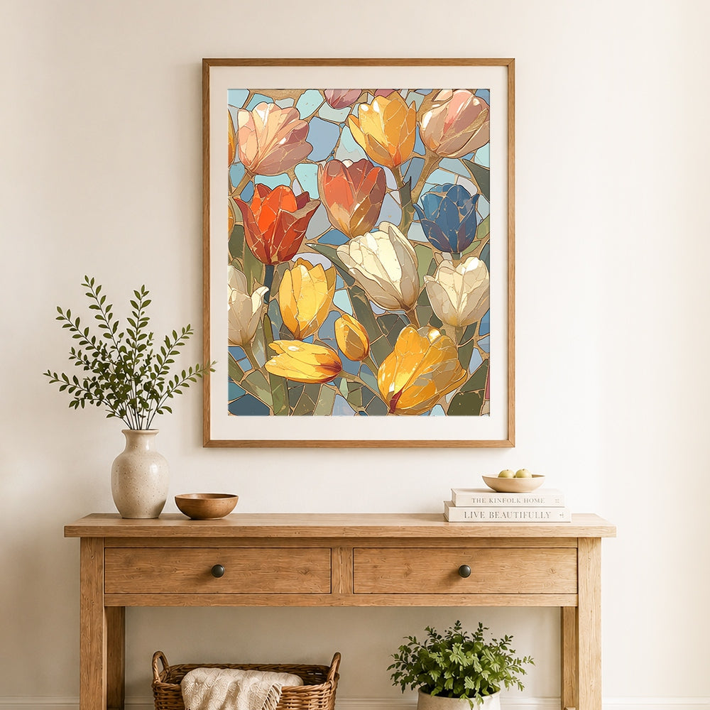 Finished tulip flowers stained glass style cross stitch artwork displayed as home decor