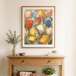 Finished tulip flowers stained glass style cross stitch artwork displayed as home decor