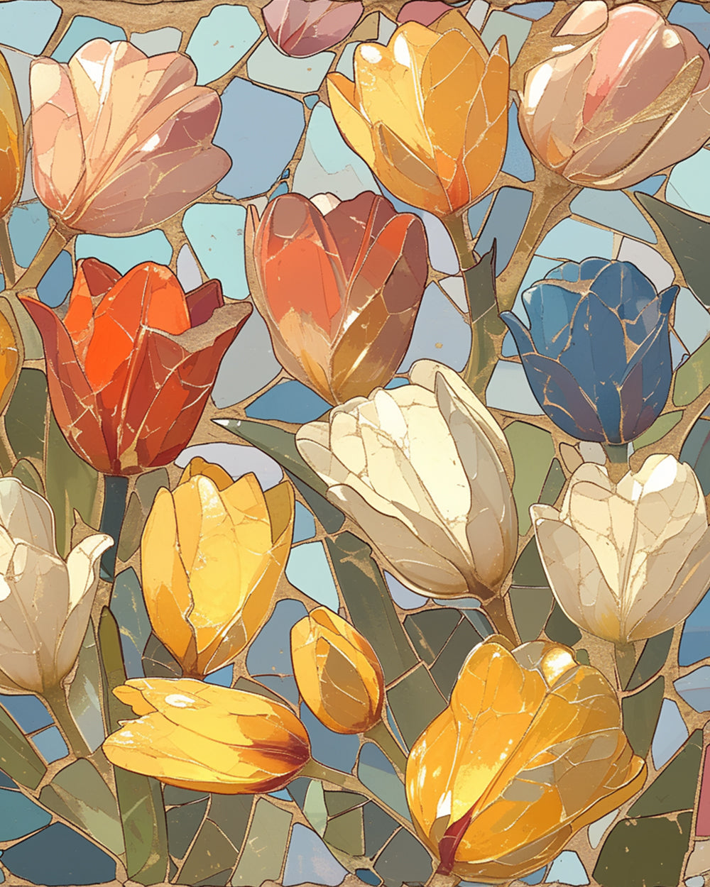 Tulip flowers stained glass style cross stitch kit for beginners