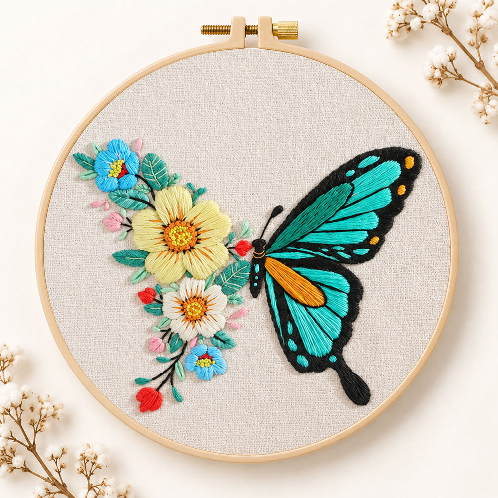 Turquoise butterfly and blooms embroidery kit