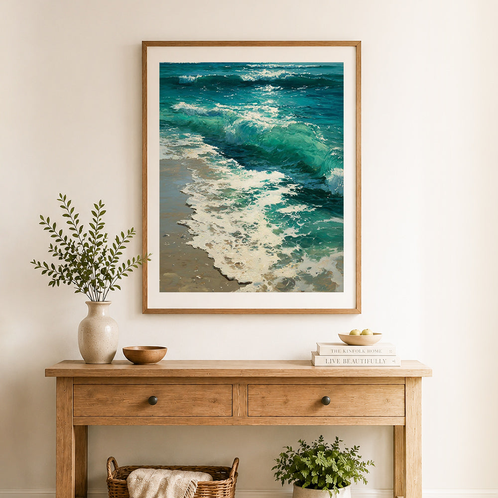 Finished turquoise ocean waves cross stitch artwork displayed as home decor