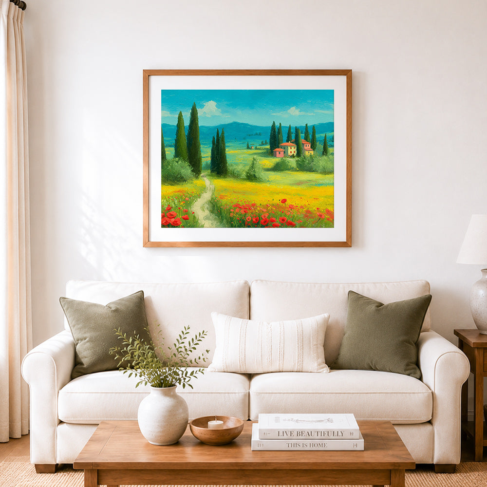 Finished tuscan countryside path cross stitch artwork displayed as home decor