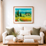Finished tuscan countryside path cross stitch artwork displayed as home decor