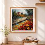 Finished tuscan flower garden cross stitch artwork displayed as home decor
