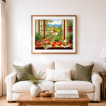 Finished tuscan window harvest cross stitch artwork displayed as home decor