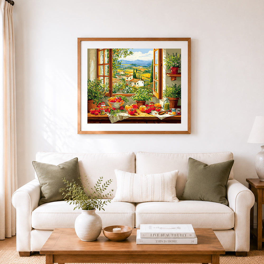 Finished tuscan window harvest cross stitch artwork displayed as home decor