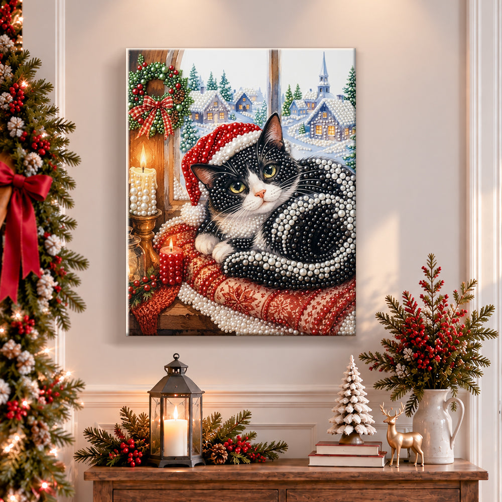 Finished tuxedo cat by winter window pearl diamond painting artwork displayed as holiday home decor