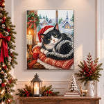 Finished tuxedo cat by winter window pearl diamond painting artwork displayed as holiday home decor
