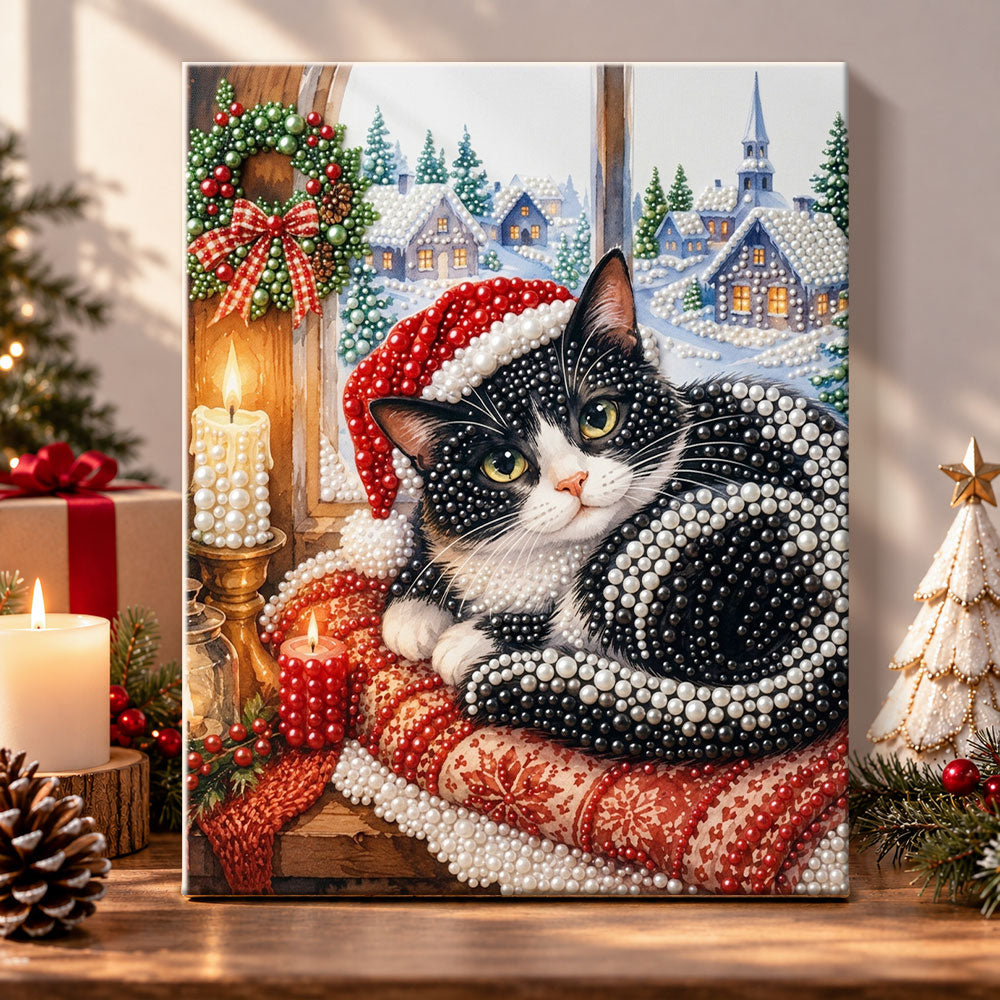 Tuxedo cat by winter window pearl diamond painting kit for beginners