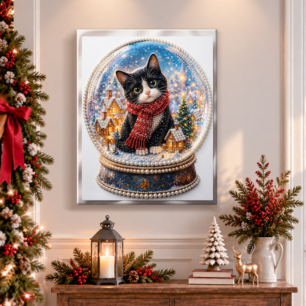 Finished tuxedo cat in snow globe pearl diamond painting artwork displayed as holiday home decor