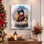 Finished tuxedo cat in snow globe pearl diamond painting artwork displayed as holiday home decor