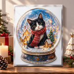 Tuxedo cat in snow globe pearl diamond painting kit for beginners