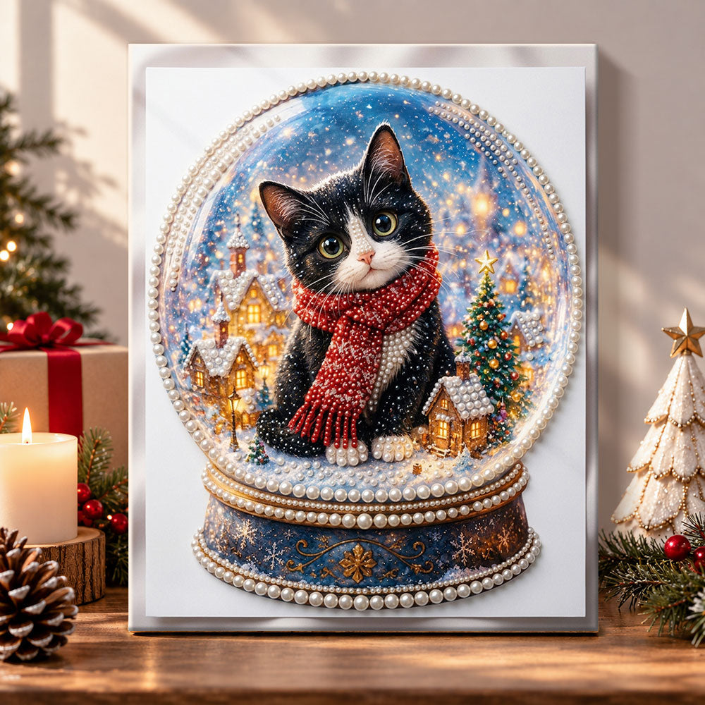 Tuxedo cat in snow globe pearl diamond painting kit for beginners