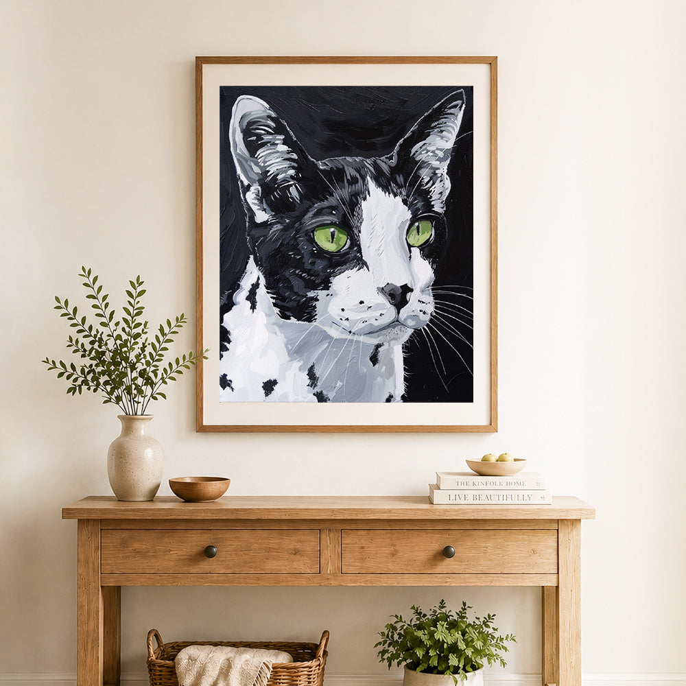 Finished tuxedo cat oil painting cross stitch artwork displayed as home decor