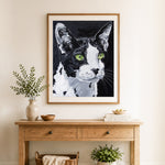 Finished tuxedo cat oil painting cross stitch artwork displayed as home decor