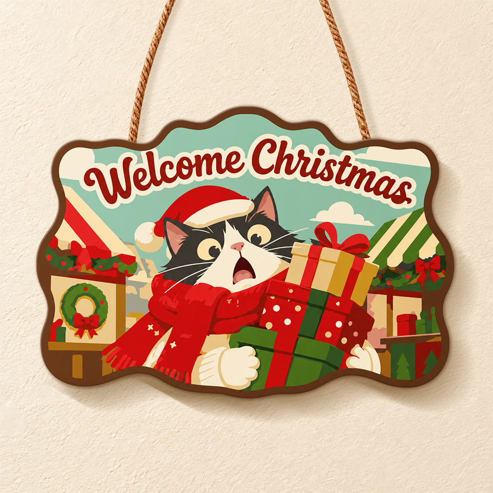 Tuxedo cat with gifts paint by numbers door hanger finished design