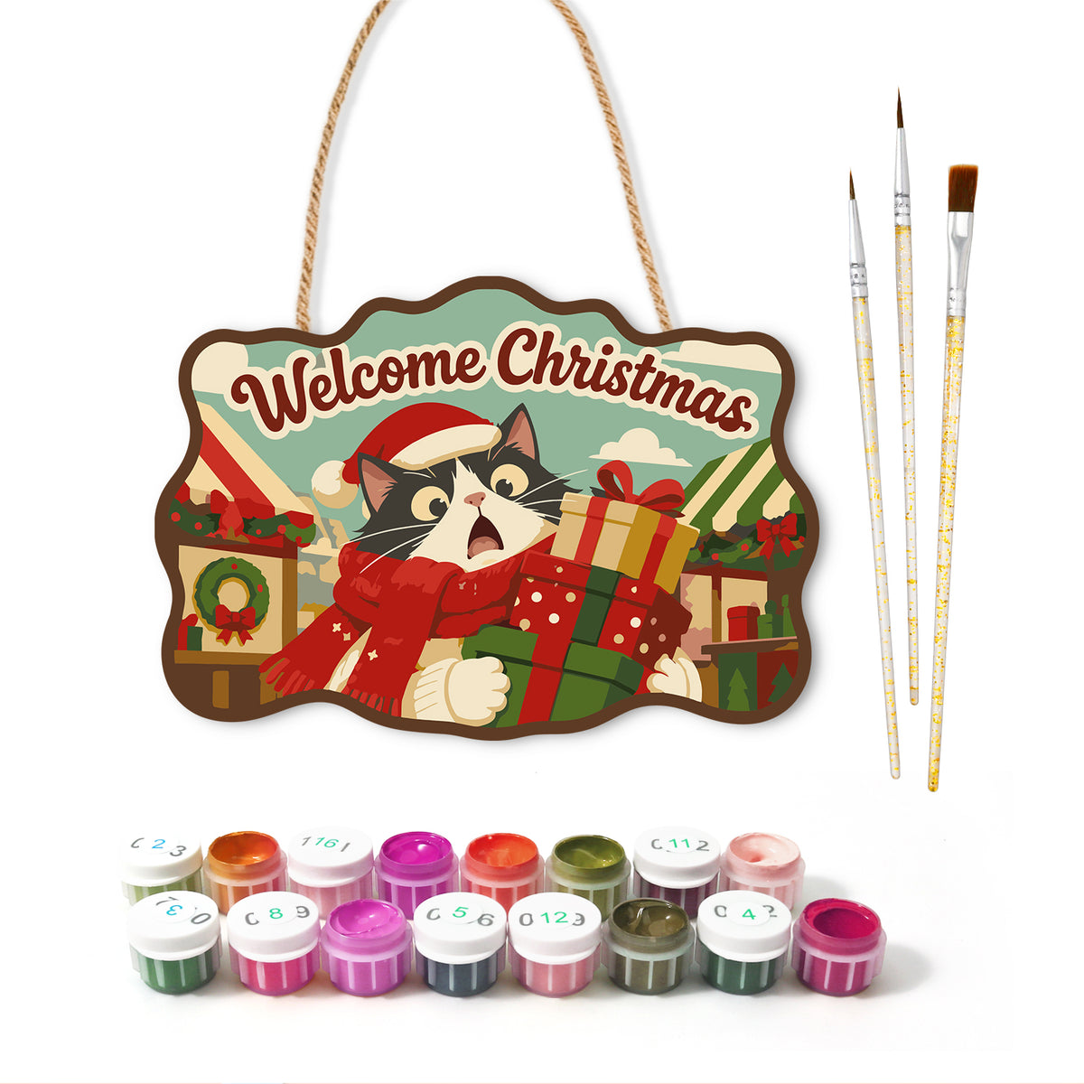 Tuxedo cat with gifts paint by numbers door hanger with paints and brushes
