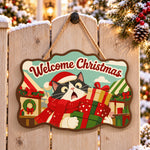 Tuxedo cat with gifts paint by numbers door hanger on a garden gate