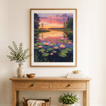 Finished twilight lily pond cross stitch artwork displayed as home decor