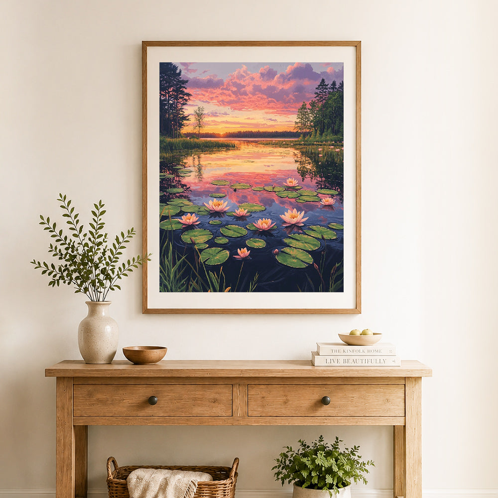 Finished twilight lily pond cross stitch artwork displayed as home decor
