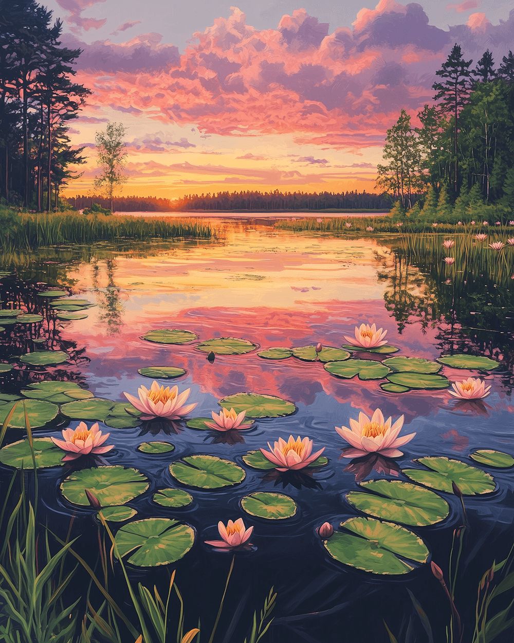 Twilight lily pond cross stitch kit for beginners