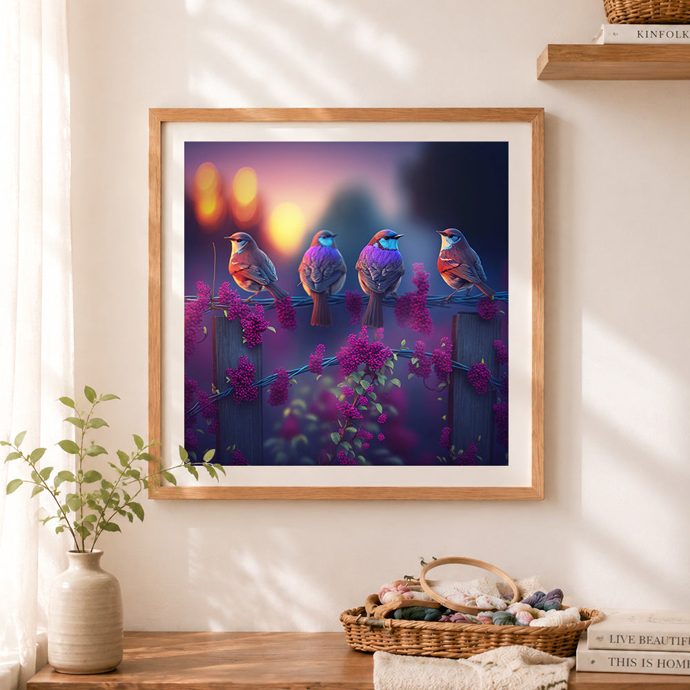 Finished twilight songbirds cross stitch artwork displayed as home decor