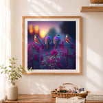 Finished twilight songbirds cross stitch artwork displayed as home decor