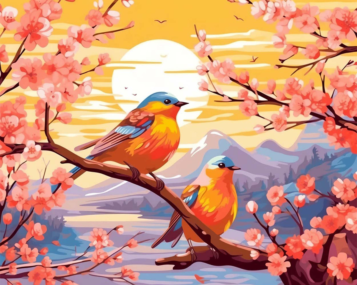 Twin birds on cherry branches cross stitch kit for beginners