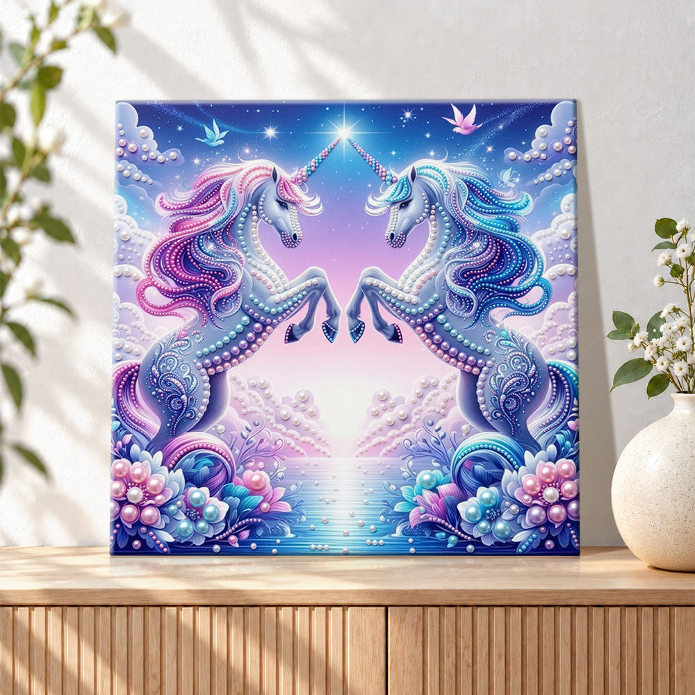 Finished twin celestial unicorns pearl diamond painting artwork displayed as holiday home decor