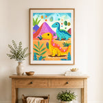 Finished twin dinosaurs adventure cross stitch artwork displayed as home decor