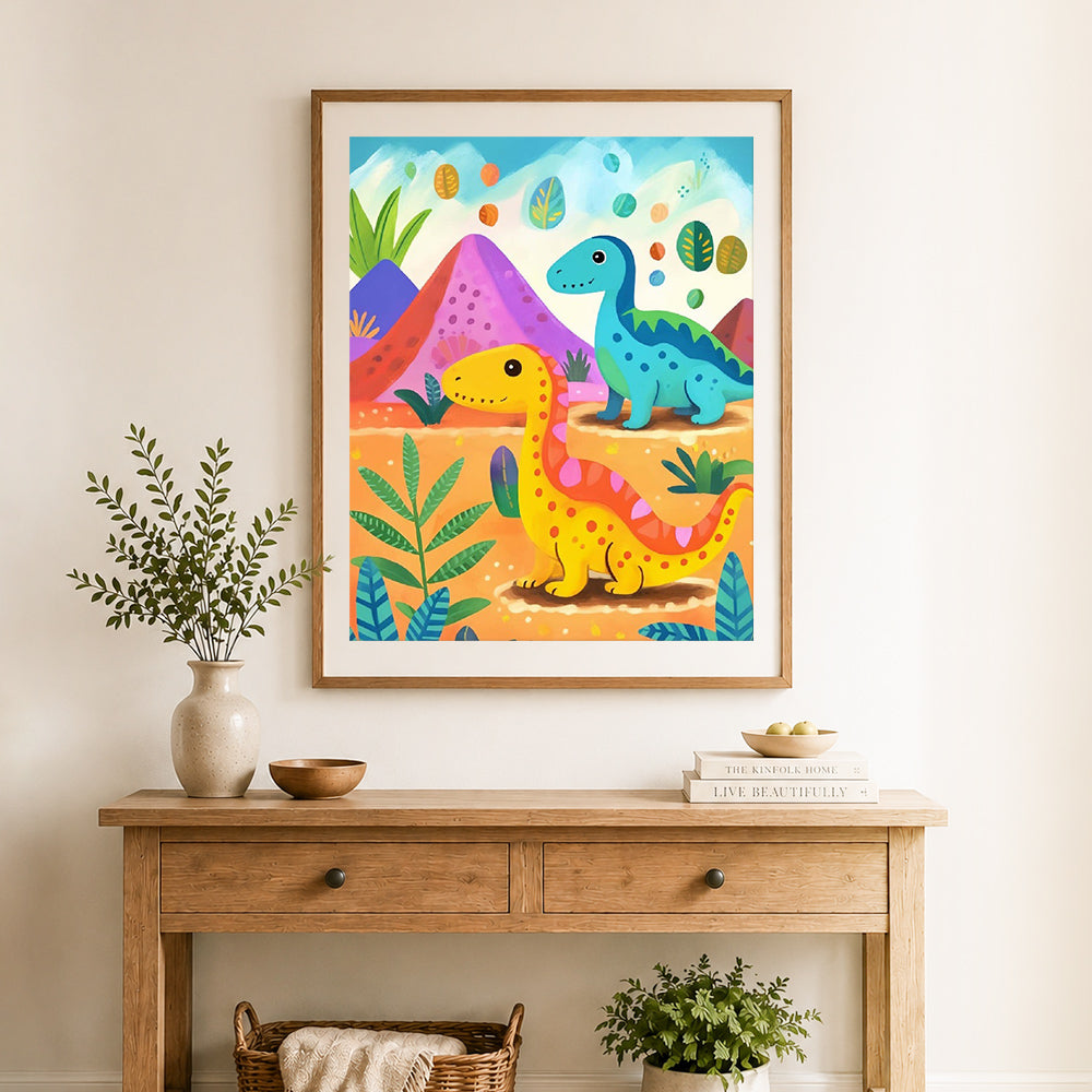 Finished twin dinosaurs adventure cross stitch artwork displayed as home decor