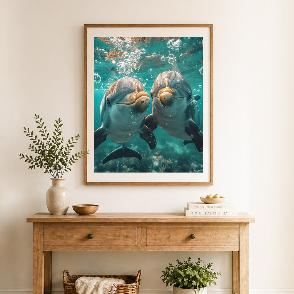 Finished twin smiling dolphins cross stitch artwork displayed as home decor