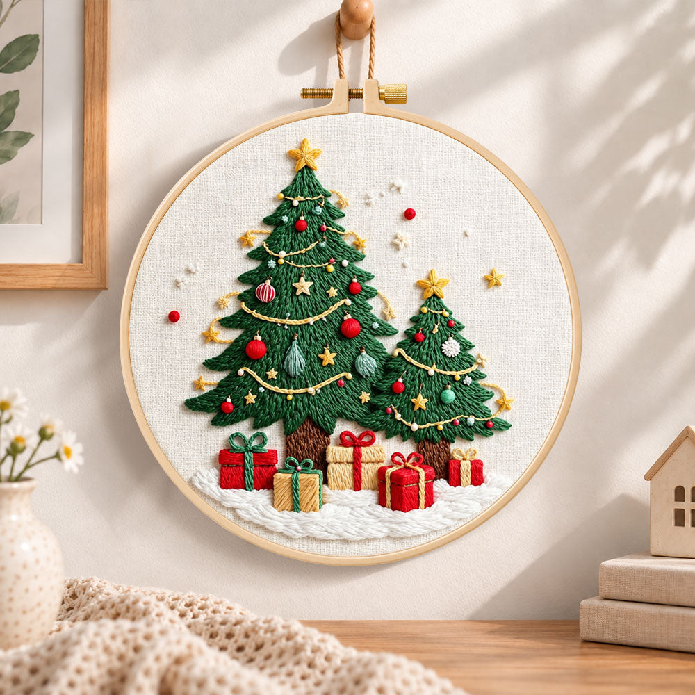 Twinkling christmas trees embroidery hoop wall art displayed as warm and cozy handmade home decor