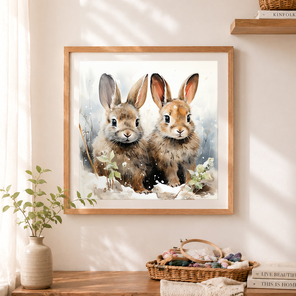 Finished two adorable bunnies in snow cross stitch artwork displayed as home decor