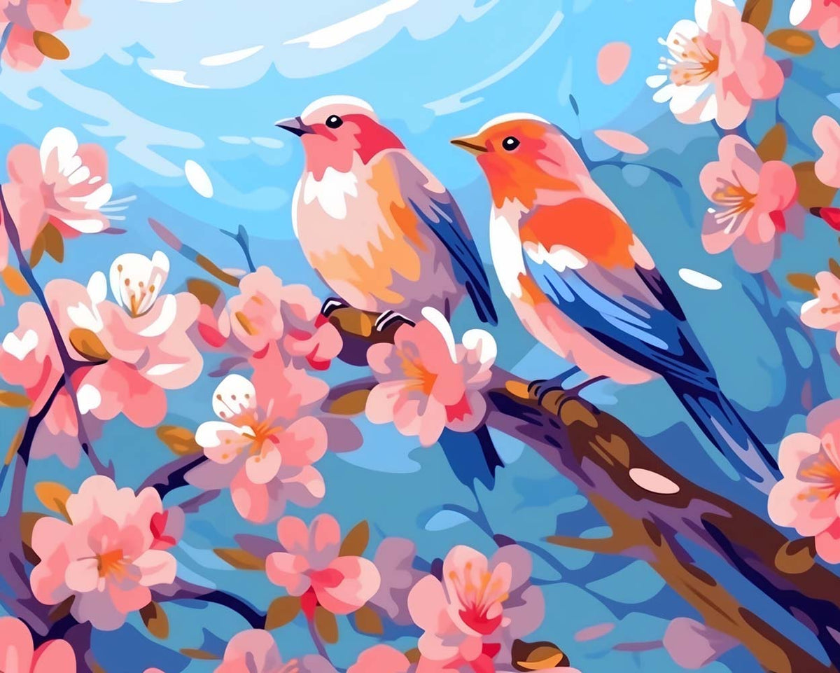 Two birds on cherry branches cross stitch kit for beginners
