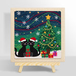 Two black cats under christmas tree punch needle kit for beginners