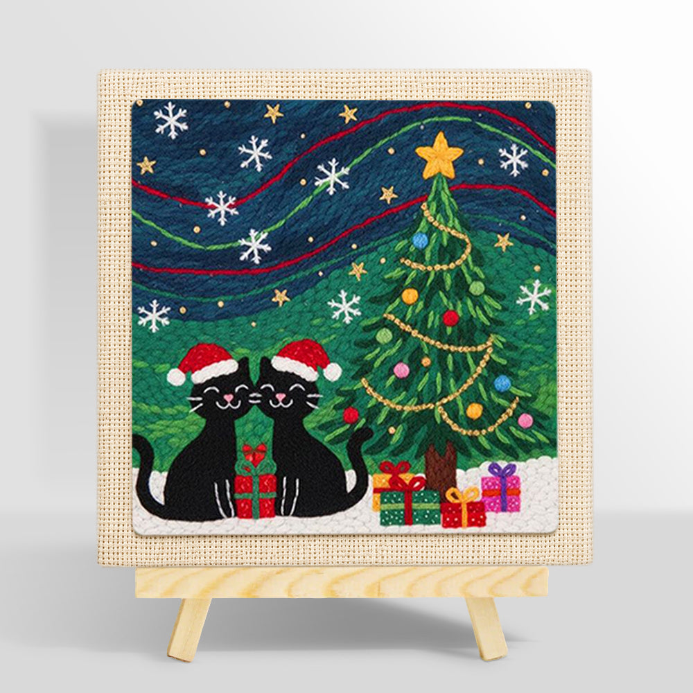 Two black cats under christmas tree punch needle kit for beginners