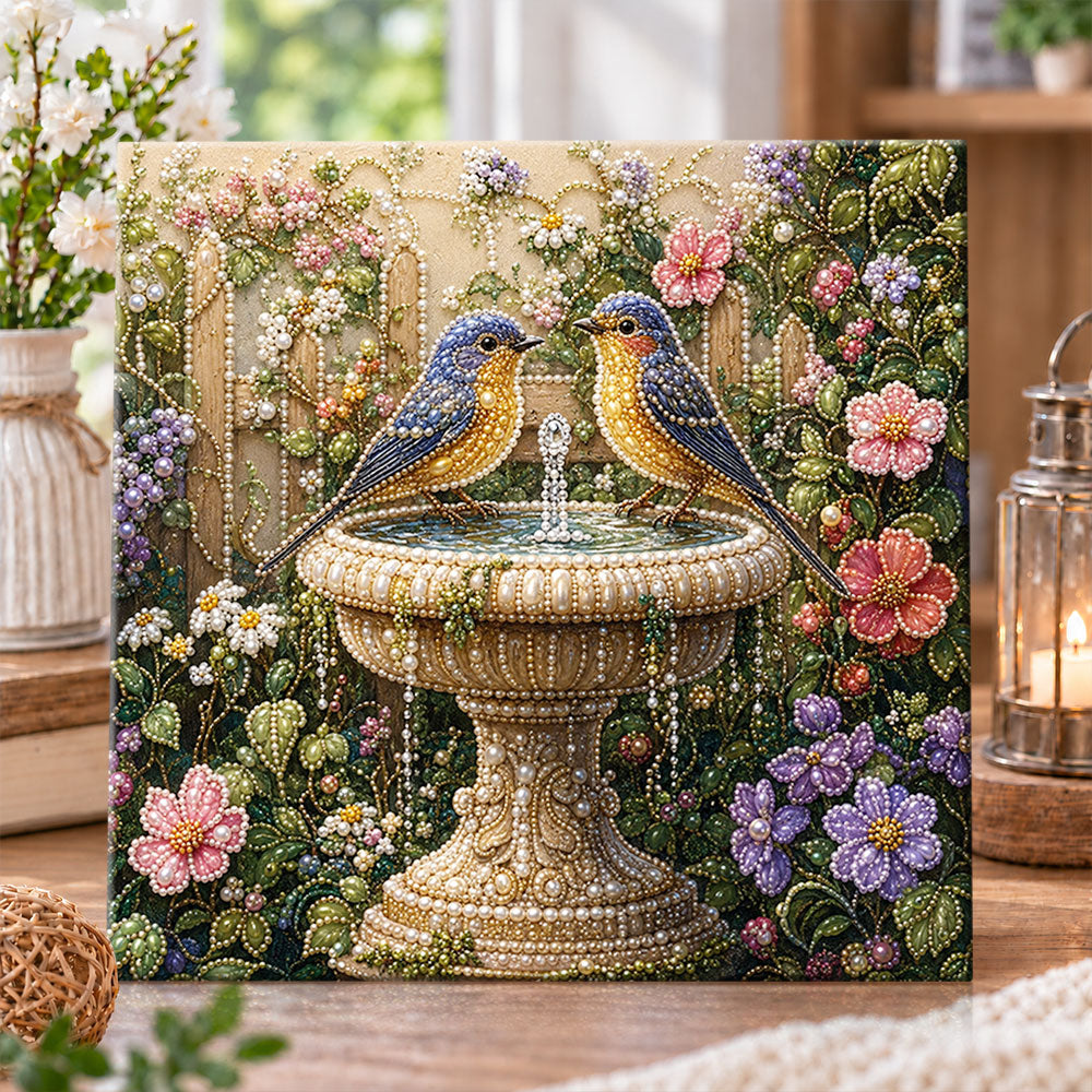 Two blue birds at garden fountain pearl diamond painting kit for beginners