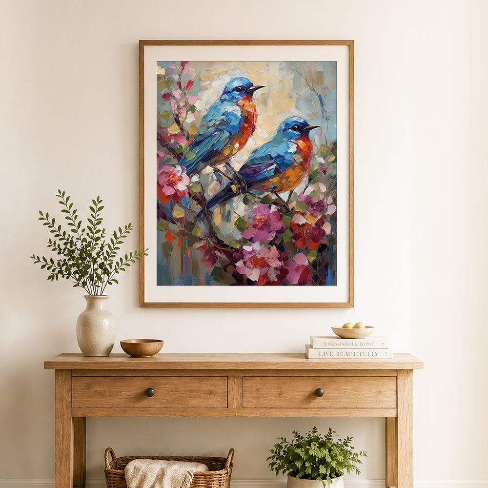 Finished two bluebirds on floral branch cross stitch artwork displayed as home decor