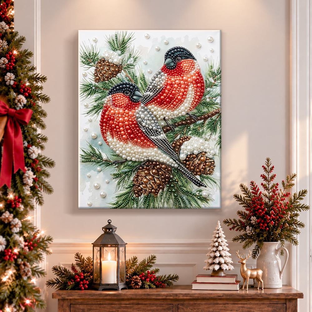 Finished two bullfinches on pine branches pearl diamond painting artwork displayed as holiday home decor