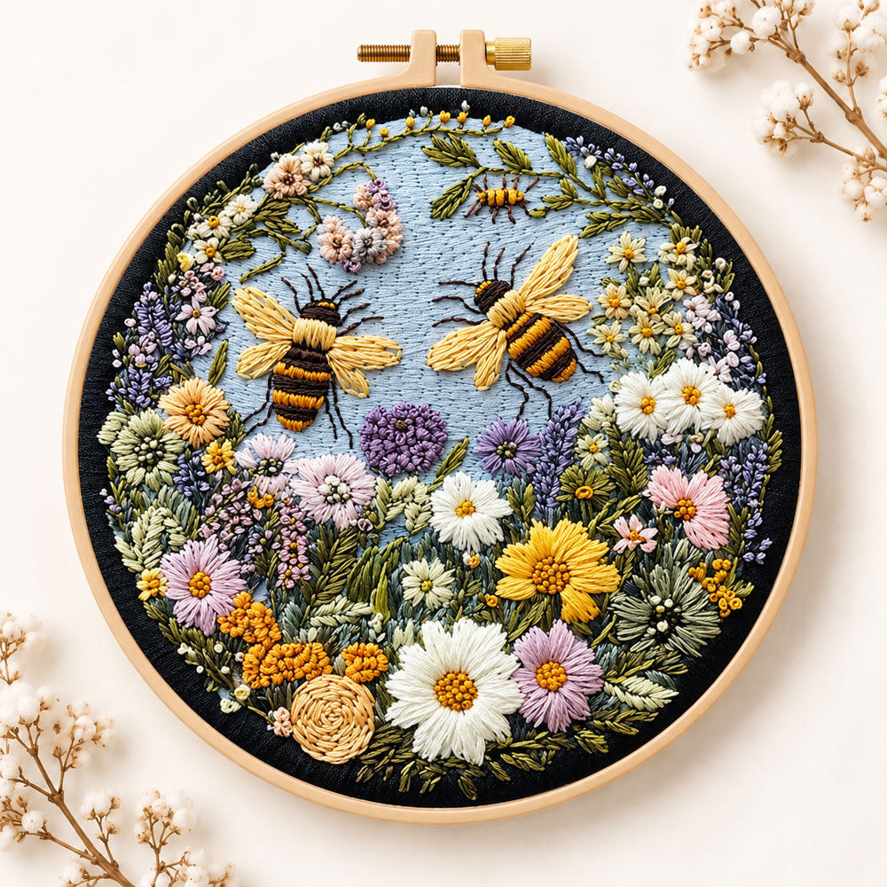 Two bumblebees in flower garden embroidery kit