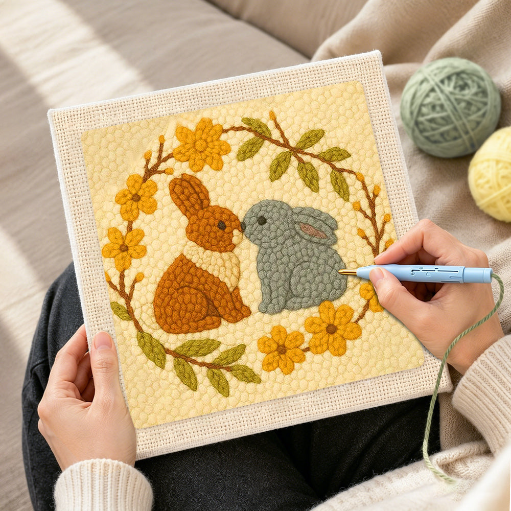 Creating handmade two bunnies kissing punch needle artwork