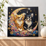 Finished two chihuahuas on crescent moon pearl diamond painting artwork displayed as holiday home decor