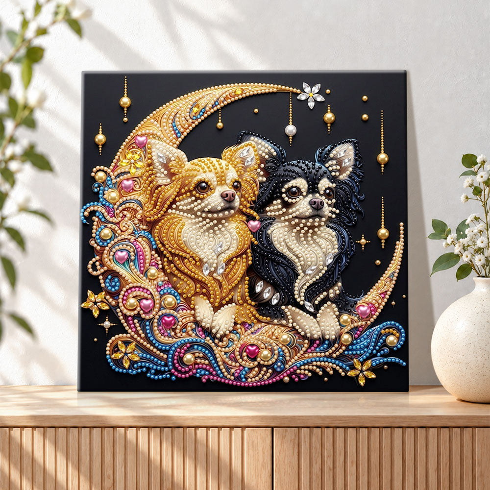 Finished two chihuahuas on crescent moon pearl diamond painting artwork displayed as holiday home decor