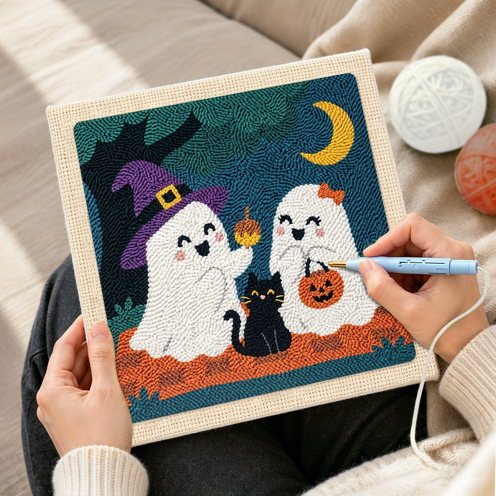 Creating handmade two cute trick or treat ghosts punch needle artwork