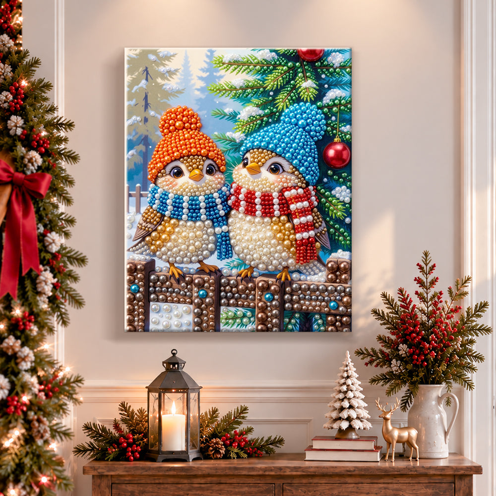 Finished two cute winter birds pearl diamond painting artwork displayed as holiday home decor
