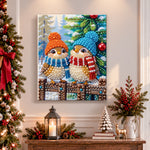 Finished two cute winter birds pearl diamond painting artwork displayed as holiday home decor