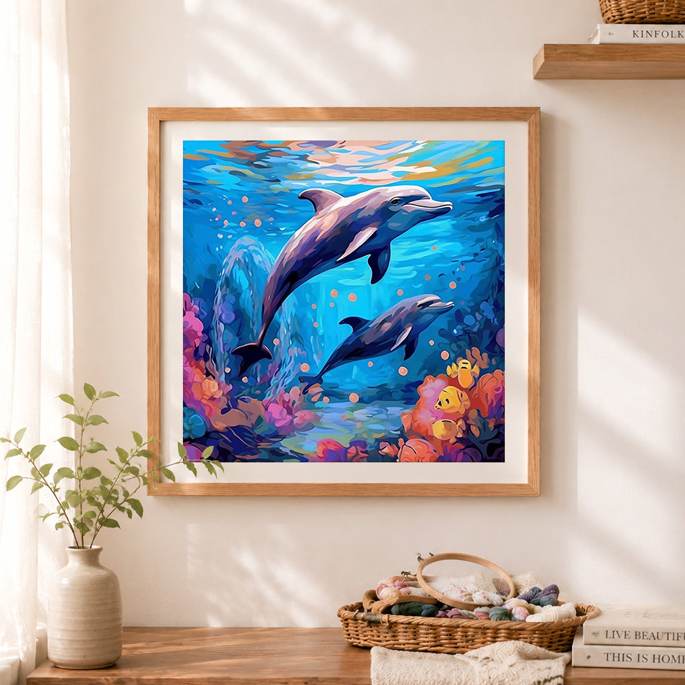 Finished two dolphins underwater coral reef cross stitch artwork displayed as home decor