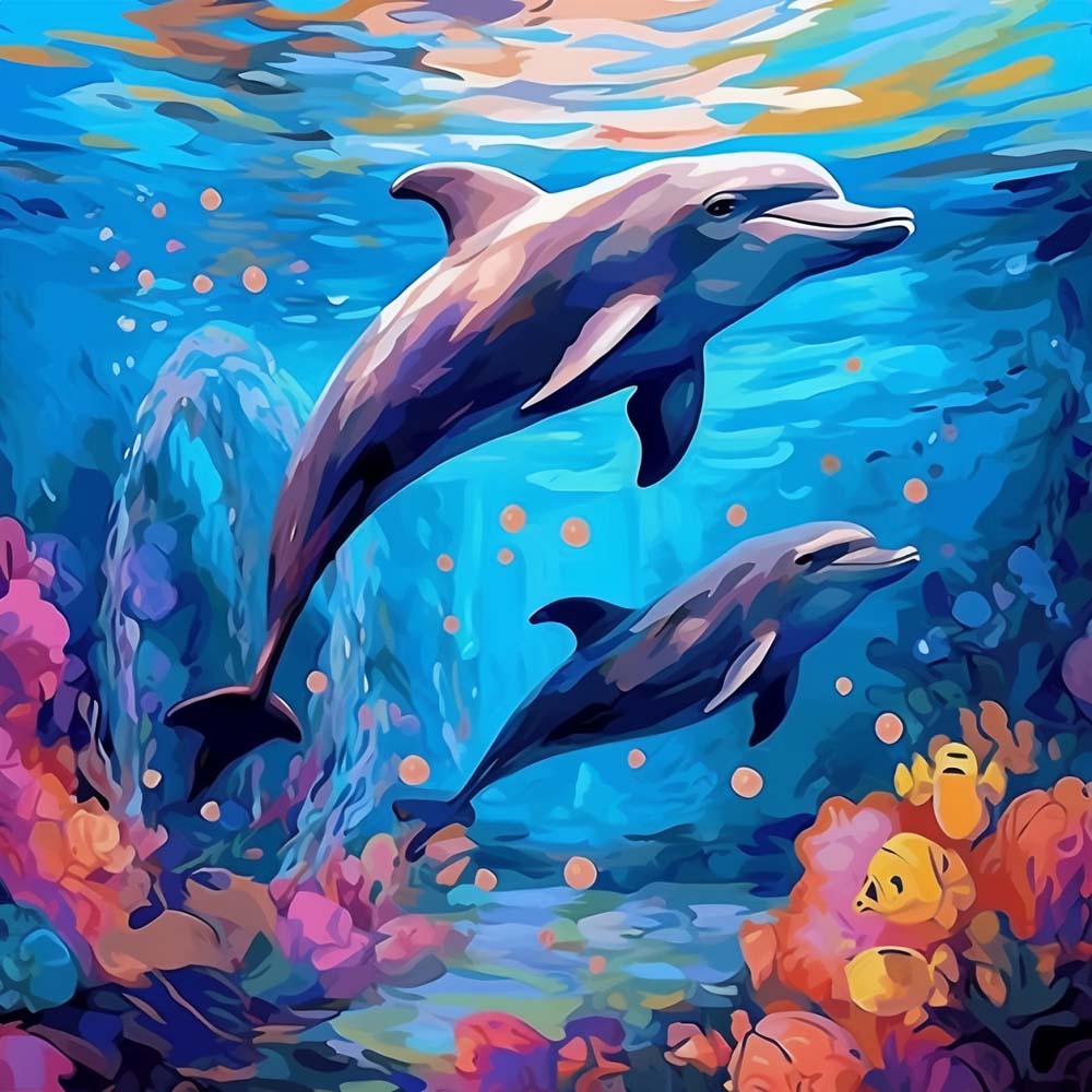 Two dolphins underwater coral reef cross stitch kit for beginners