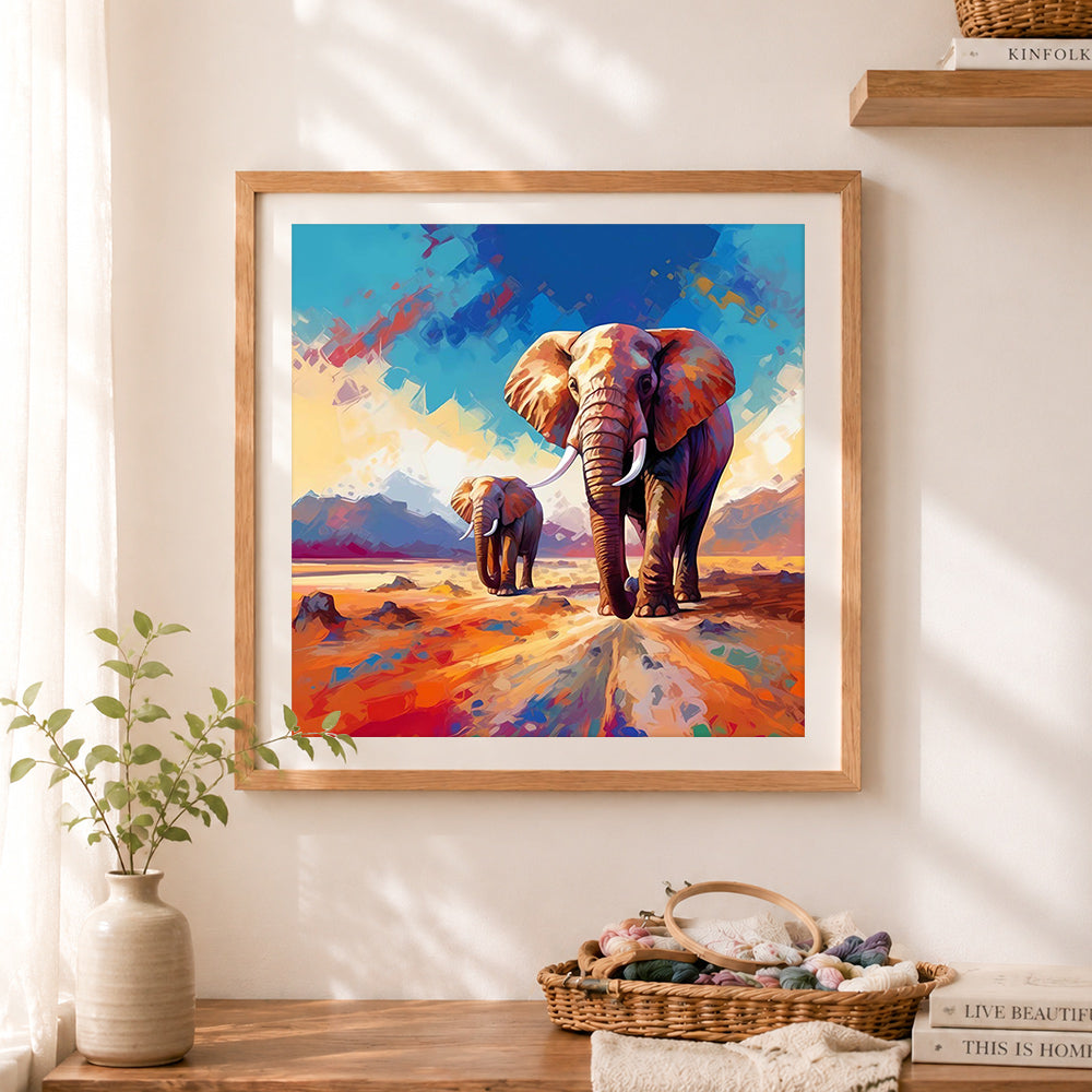 Finished two elephants on savannah cross stitch artwork displayed as home decor